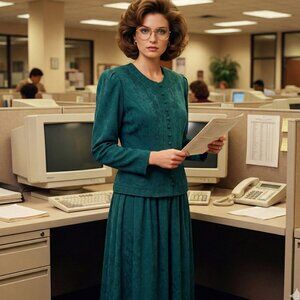 💚 VTG Karin Stevens Teal Skirt Suit Set Embroidered Shoulder Pads 💼